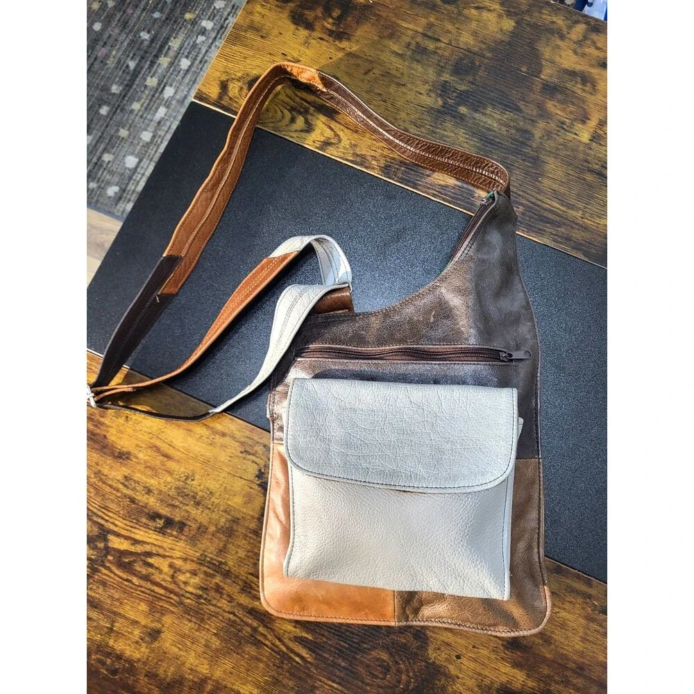Vintag Asymmetrical Earth Tone Colorblock Distressed Patchwork Leather Crossbody
